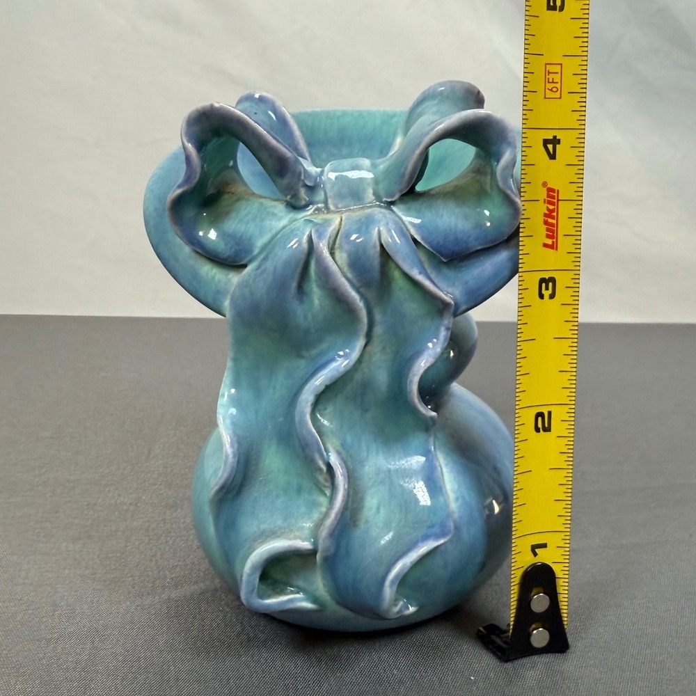 Turquoise‎ Blue Ceramic Bow Vase Vintage Studio Pottery Unique Accent Decor - Picture 7 of 8